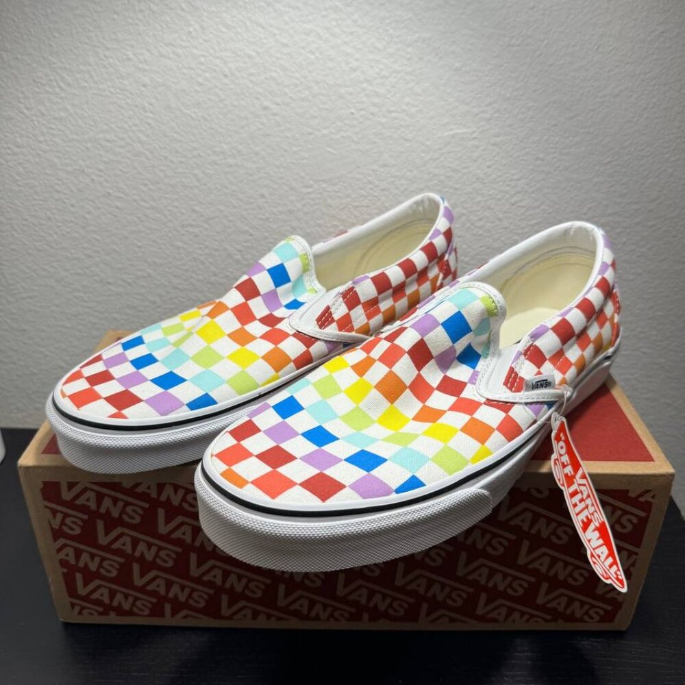 Vans Classic Slip On Checkerboard Rainbow White Men's Size 10